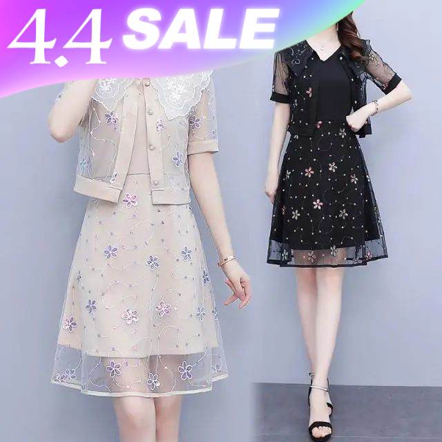 Large size women's wear 2022 new summer fat mm belly cover lace short-sleeved mesh stitching two-piece dress