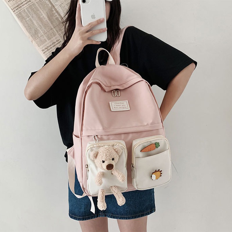 Balo nữ Ulzzang kiểu Hàn Quốc vải dù chống nước đi học đi chơi có gấu bông form dáng đẹp