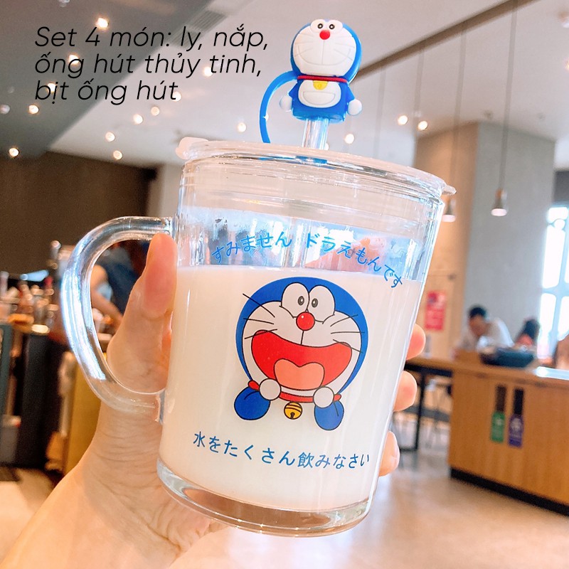 Cốc Ly Thủy Tinh Set 4 Món Doraemon Doremon Đáng Yệu