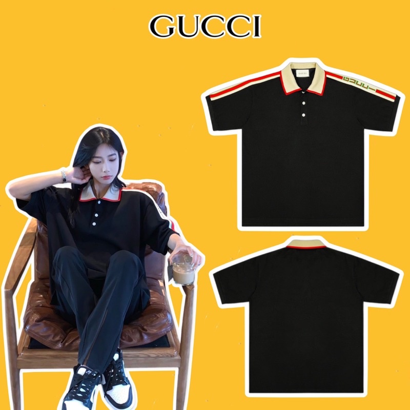 Áo Thun Polo Gucci Đen Chữ Cầu Vai Cao Cấp mã TG81 - Full tem tag