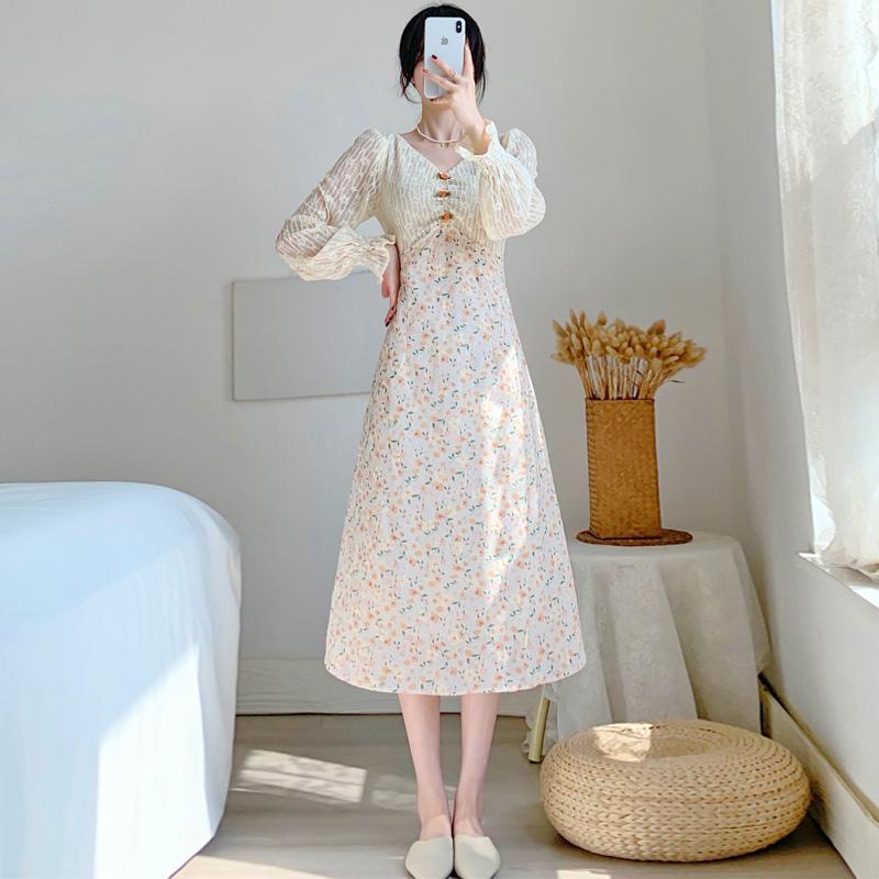 Đầm Hoa Dáng Dài Cổ Chữ V Phong Cách Pháp Thanh Lịch Cao Cấp Cho Nữ