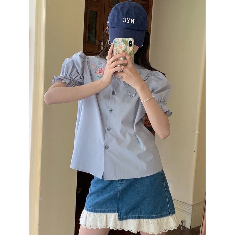 Áo Sơ Mi Tay Ngắn Phồng Cổ Búp Bê Thêu Họa Tiết Phong Cách Retro Pháp Thời Trang Cho Nữ