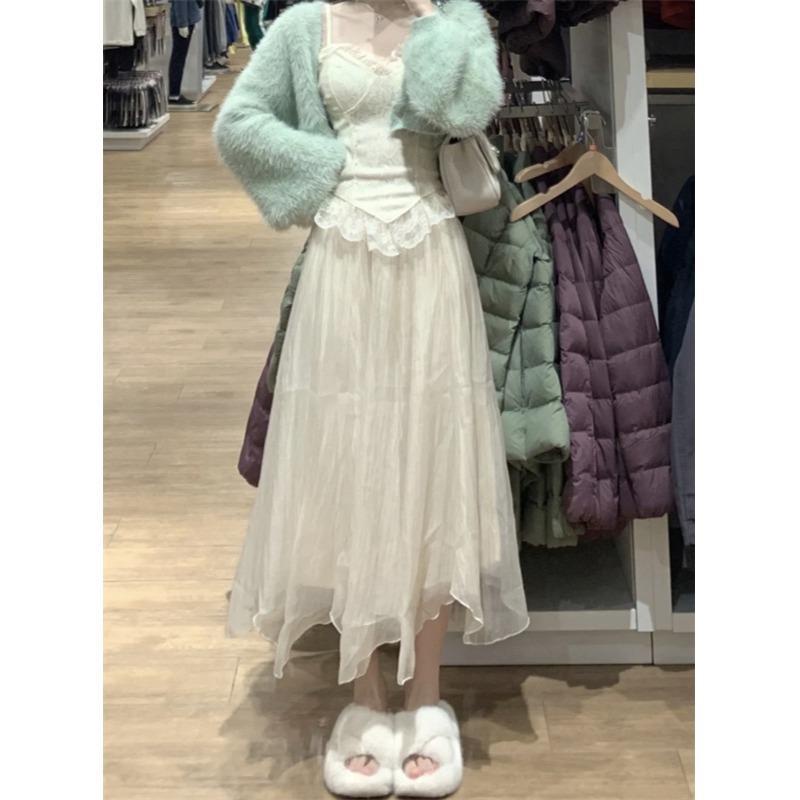 Set Áo Khoác Cardigan + Áo Hai Dây + Chân Váy Lưới Thời Trang Hàn Quốc Mới Cho Nữ