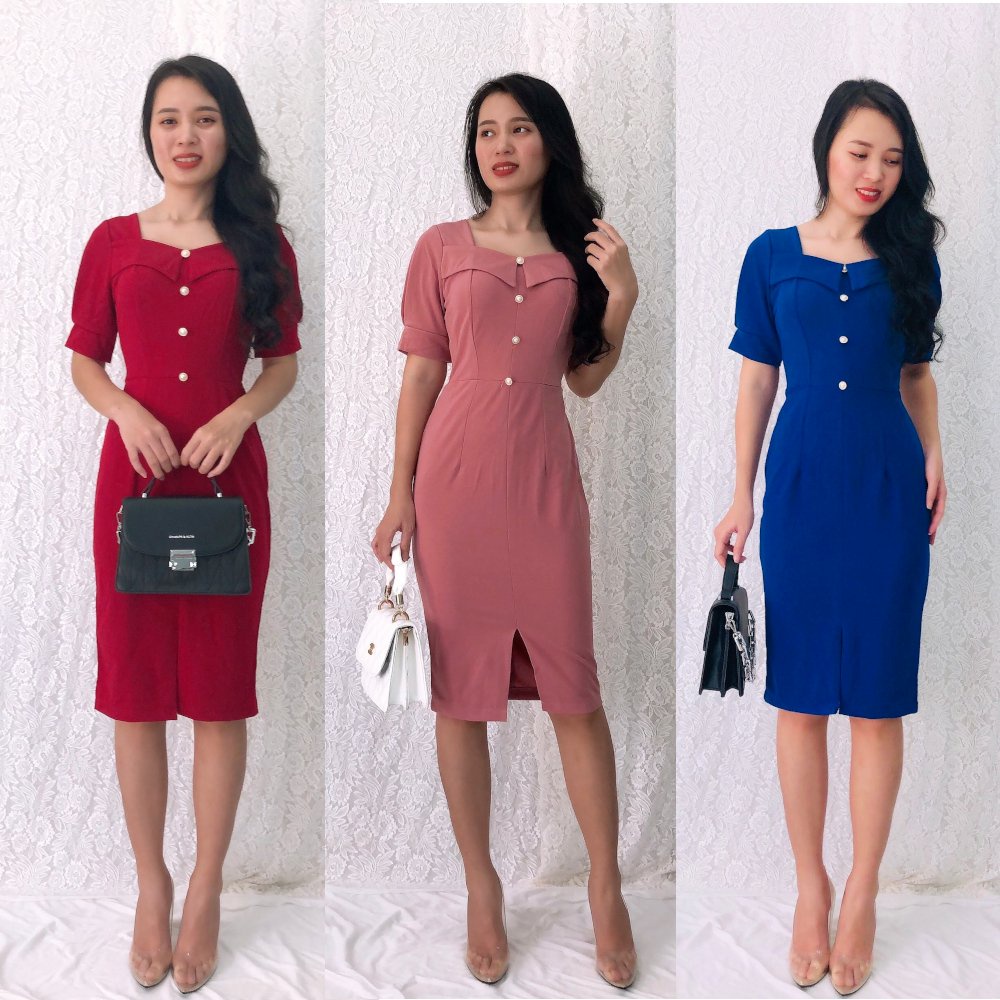 Đầm Ôm Body S&amp;M Đính Nút , Sang Trọng Tôn Dáng GR200 - Hình thật shop chụp