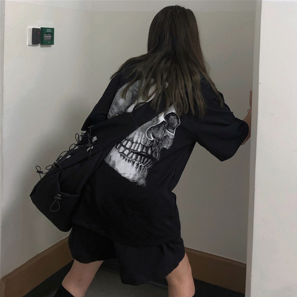 Áo Thun Ngắn Tay Unisex In Hình Đầu Lâu Phong Cách Harajuku