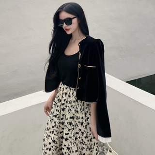 Set siêu đẹp đầm 2 dây phối áo khoác nhung đen chanh xả (có hình thật)