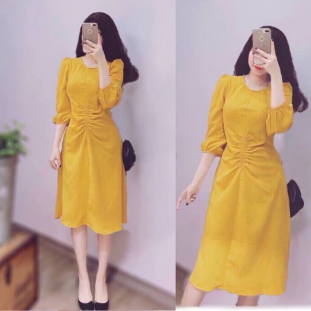 Váy Nữ Vàng Nhúm Eo Tay Lỡ Đầm Đẹp Neppy
