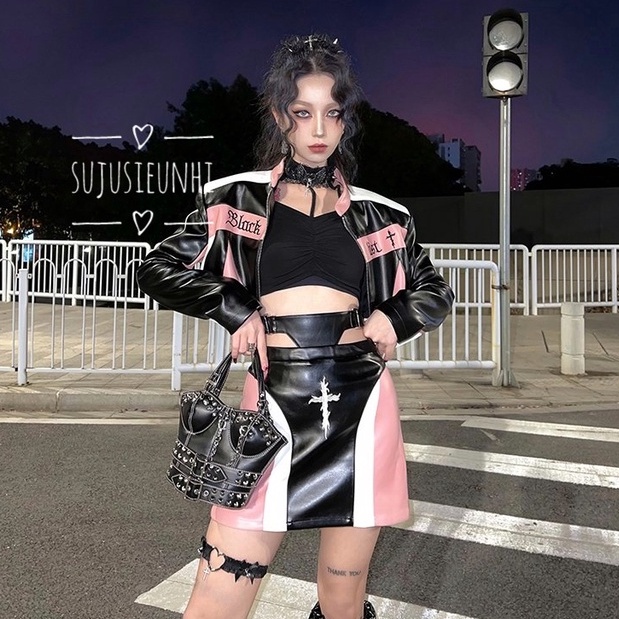 Vòng cổ choker ren đính cánh thiên thần chữ thập tán đinh phong cách gothic