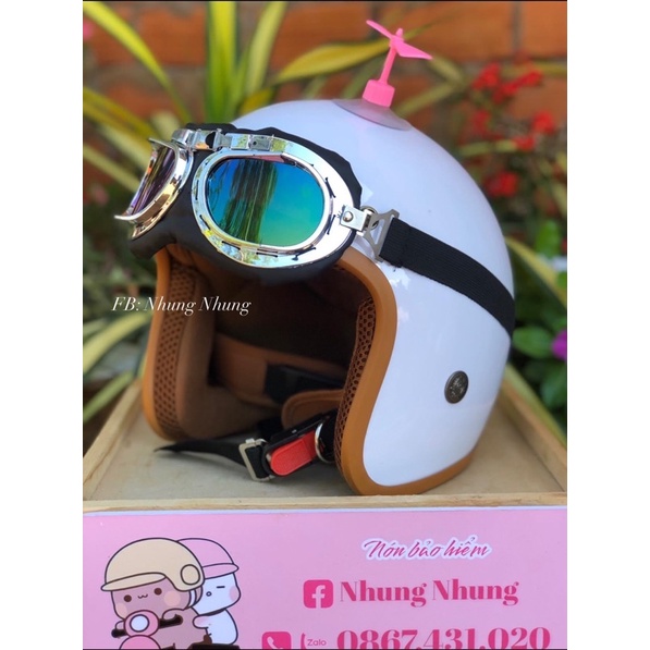 [Rẻ Vô Địch] Nón Bảo Hiểm 3/4 Cao cấp kèm kính phi công - Nón trắng nâu
