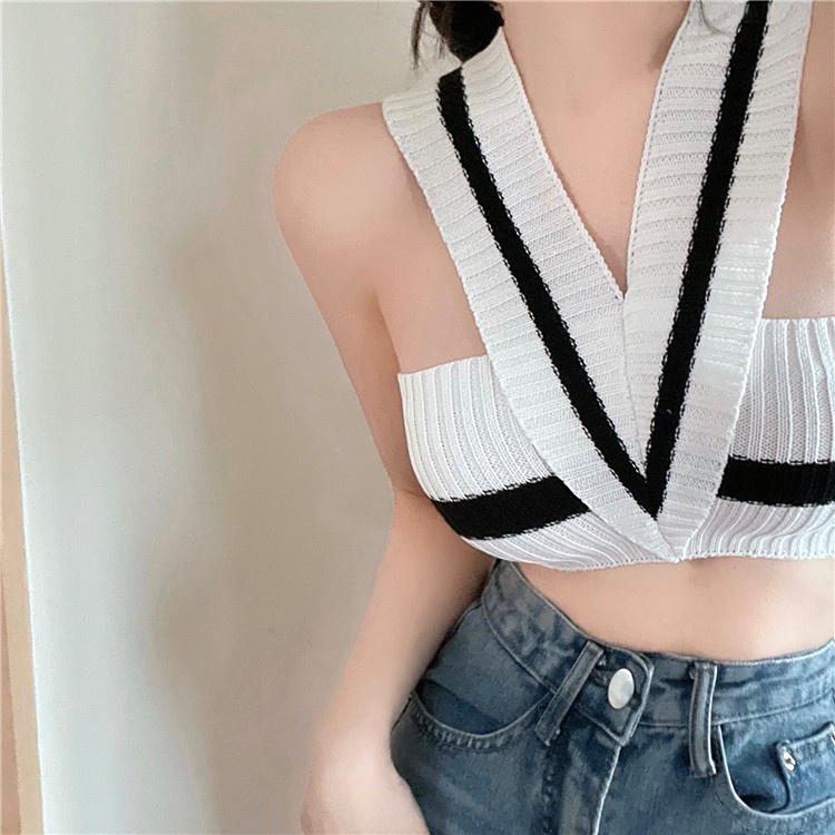 Áo Hai Dây Dệt Kim Họa Tiết Kẻ Sọc Thời Trang