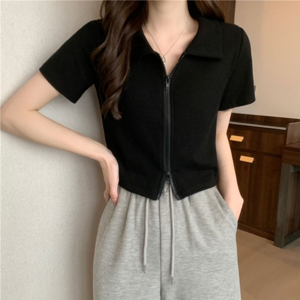 Áo Thun Crop Top Nữ Ngắn Tay Có Khóa Kéo Mới