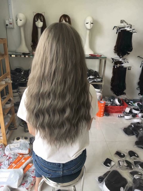 Tóc giả cao cấp❤️freeship 50k❤️tóc xám khói xù sóng- tặng luois chùm tóc