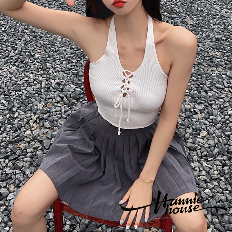 Áo dệt kim không tay hở lưng cột dây cổ thời trang cho nữ