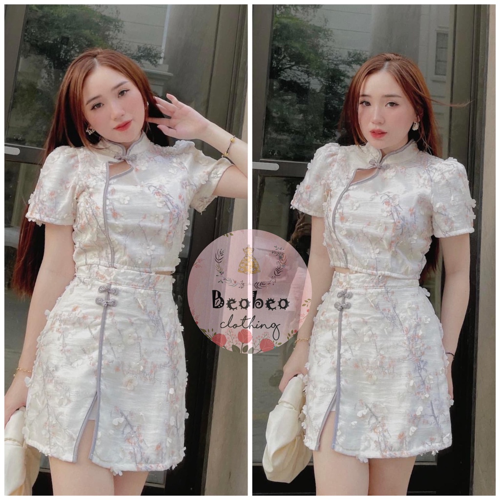 Set áo croptop ren hoa nổi cổ tàu kèm chân váy chữ A ulzzang
