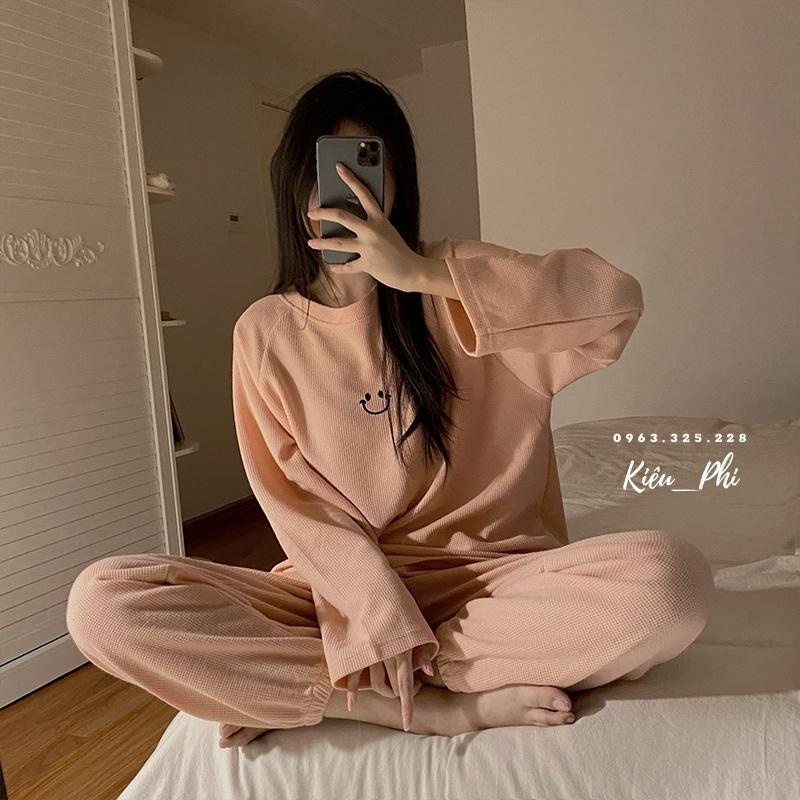 Bộ đồ thu đông nữ icon mặt cười - Set bộ nữ quần bo gấu áo dài tay loại 1 chuẩn Quảng Châu dày dặn