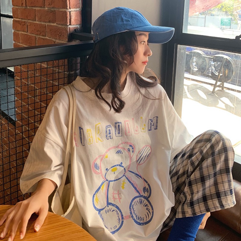 Áo phông tay lỡ unisex BEAR DRAW 2021, Áo phông nữ form rộng màu trắng đen chất cotton thời trang Ulzzang quảng châu