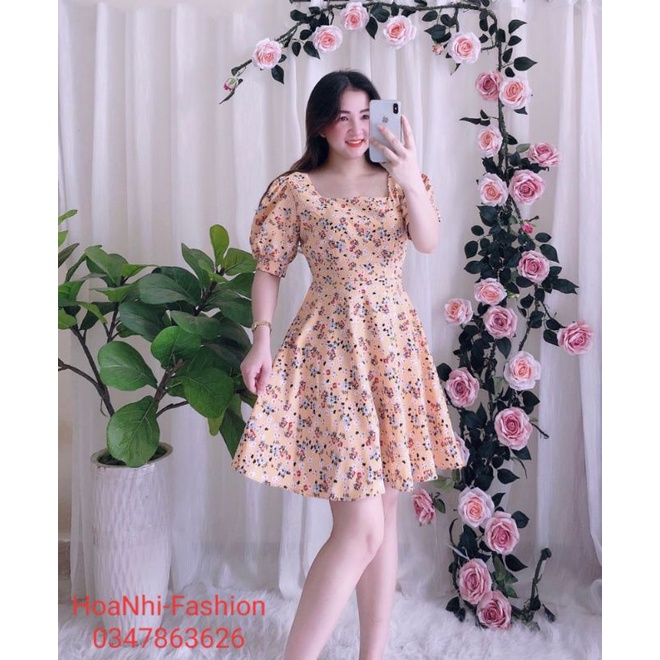 Đầm nữ cổ vuông tay phồng bo gấu chất liệu lụa Nhật