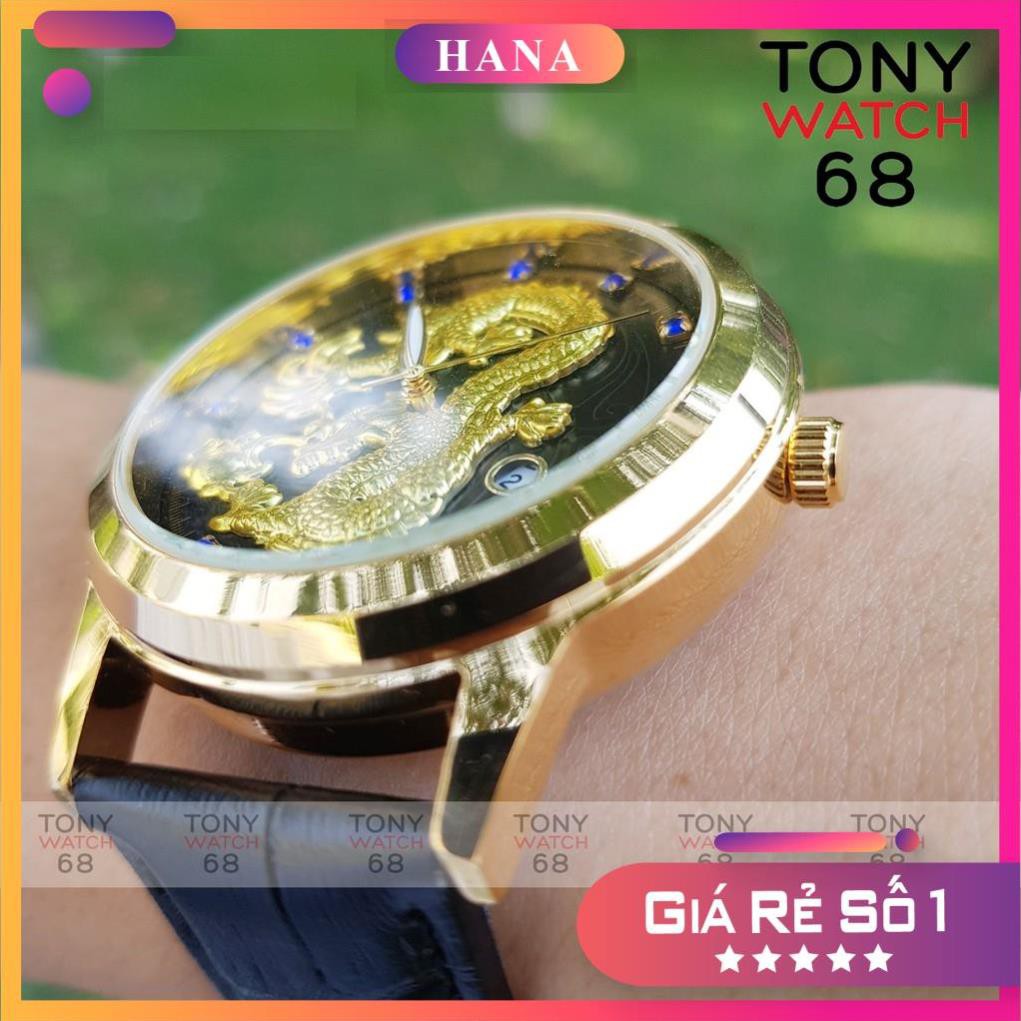 Đồng hồ nam SL dây da mặt rồng nổi mạ vàng đá xanh đỏ có lịch quyền lực chính hãng Tony Watch