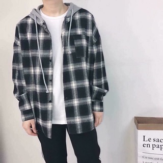 Áo FLANNEL Xám  + Đỏ Có Nón