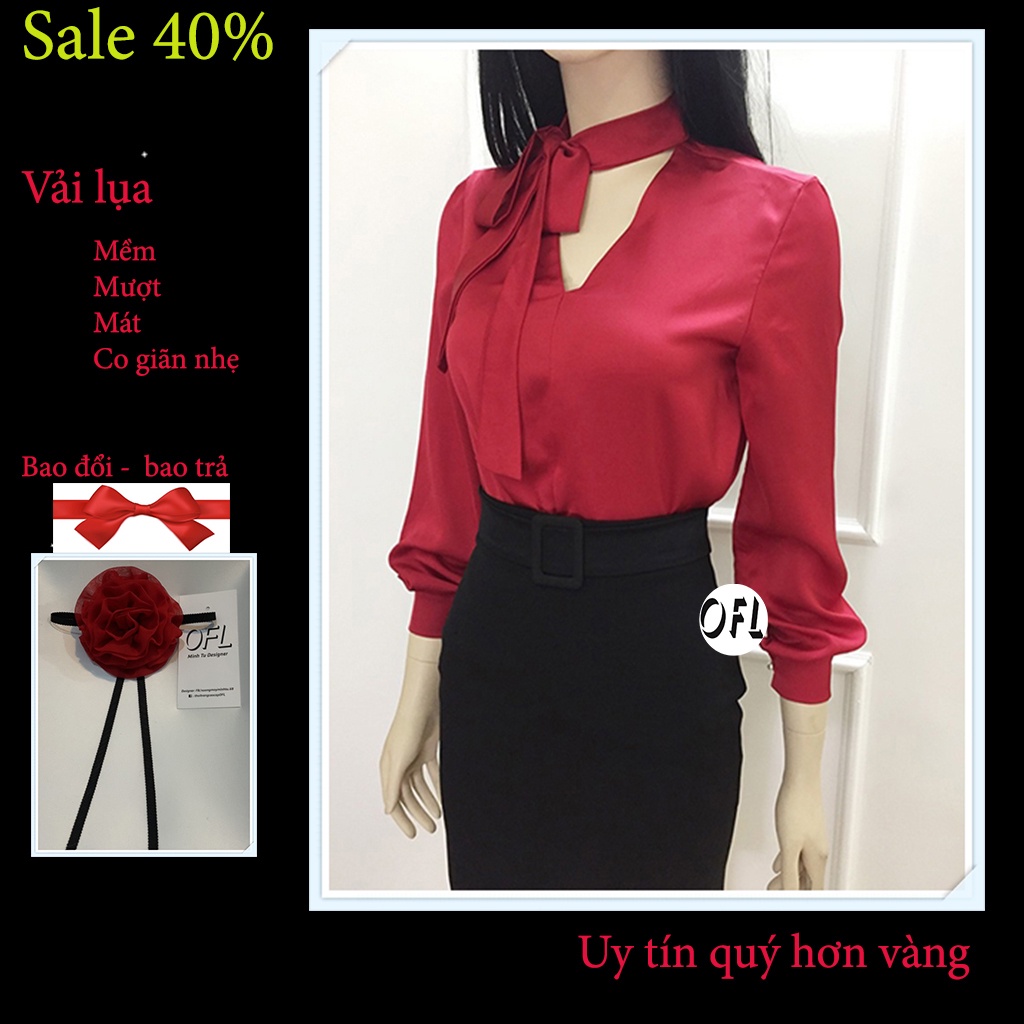 Áo sơ mi lụa cổ nơ tay dài màu đỏ, phong cách công sở và đi chơi chuẩn Form thiết kế OFL - A05.2
