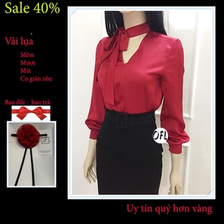 Áo sơ mi lụa cổ nơ tay dài màu đỏ, phong cách công sở và đi chơi chuẩn Form thiết kế OFL - A05.2