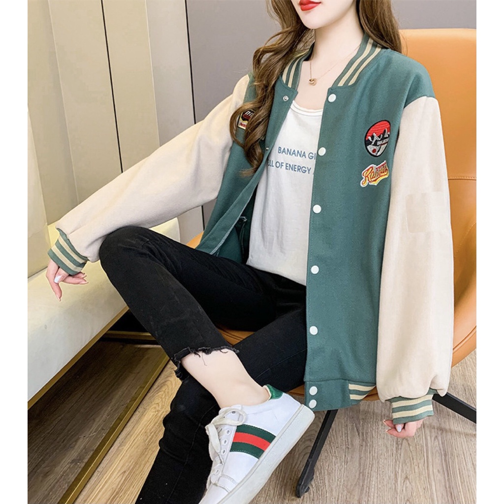Áo Khoác Bomber Dáng Rộng Nữ - Jacket bóng chày chất nhung tăm Unisex Phối 2 màu Hottrend - HANHAN SHOP