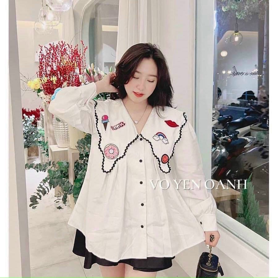 SẴN Áo sơmi cổ nhọn viền sticker siêu dễ thương form bầu bí bon chen được