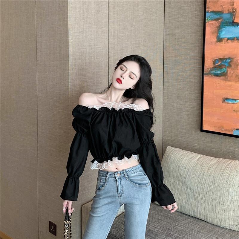 Áo Kiểu Nữ Blouses Women New Splicing Lace One Line Collar Long Sleeve