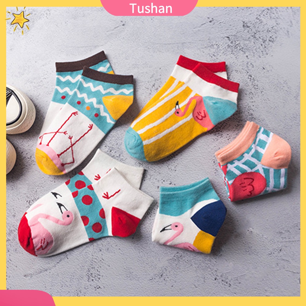 TUSH Fashion Women Flamingo Print Low Cut Breathable Cotton Short Ankle Boat Socks