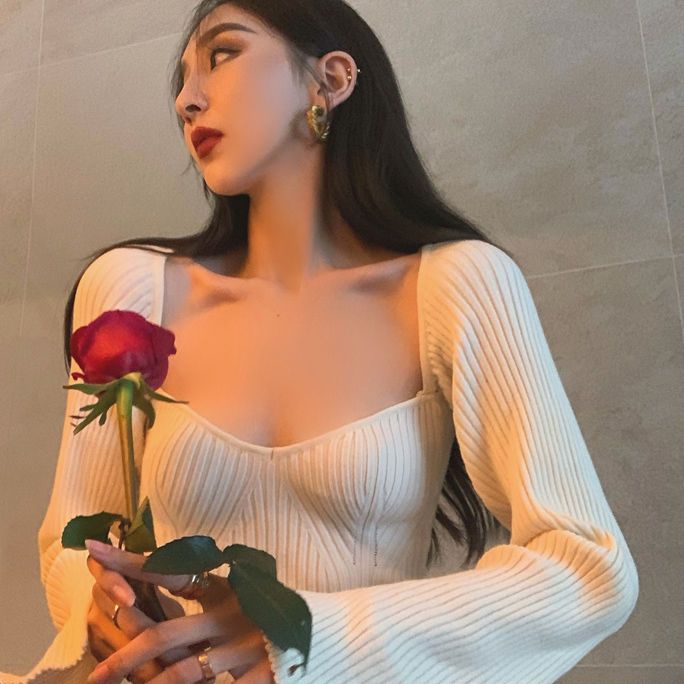 Áo dệt kim COZOK tay dài cổ vuông dáng ôm thiết kế đơn giản thời trang