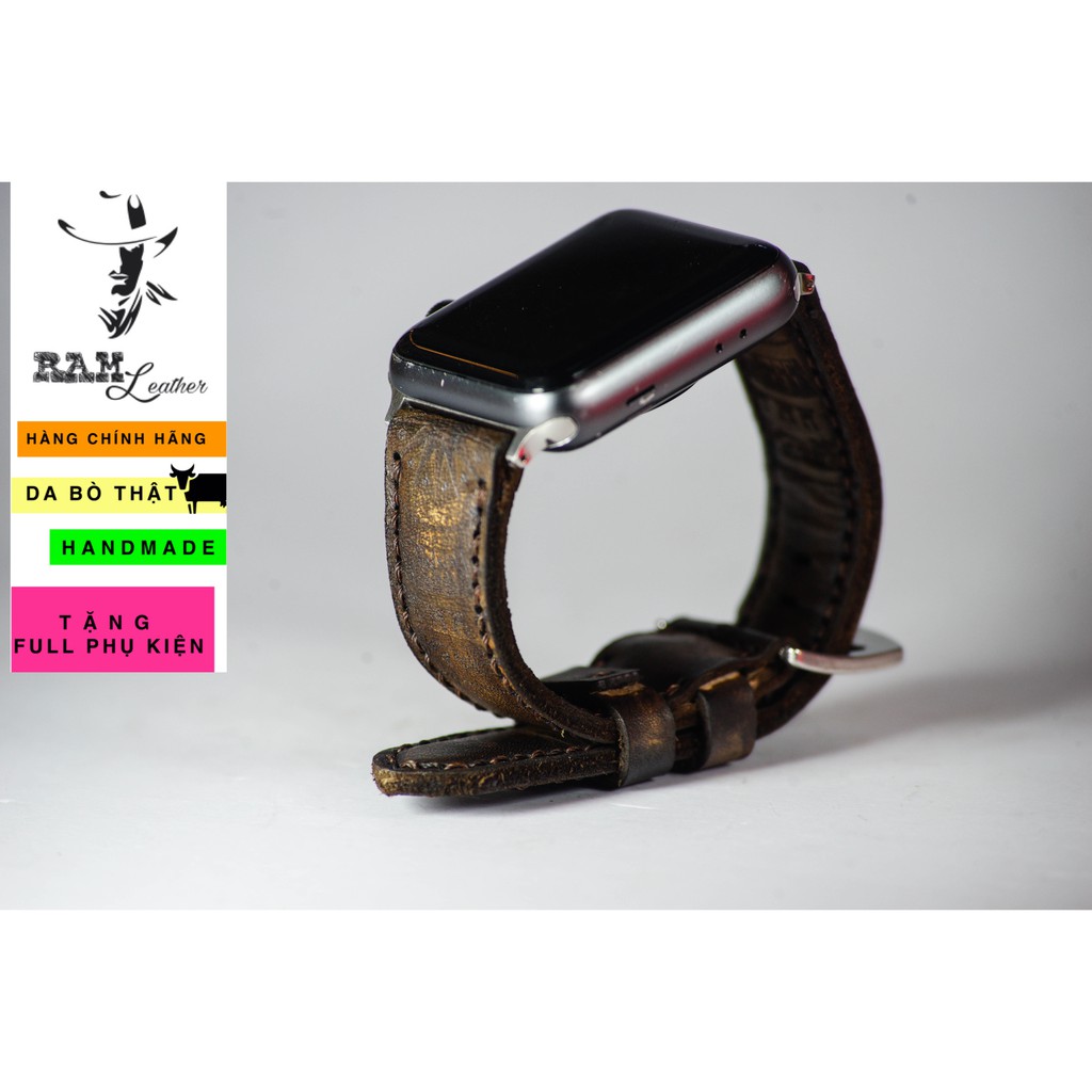 Dây đồng hồ Apple Watch , Iwatch , Iphone Watch Da Bò Italia Vegtan Màu Socola Khắc Trống Đồng Việt Nam RAM Leather
