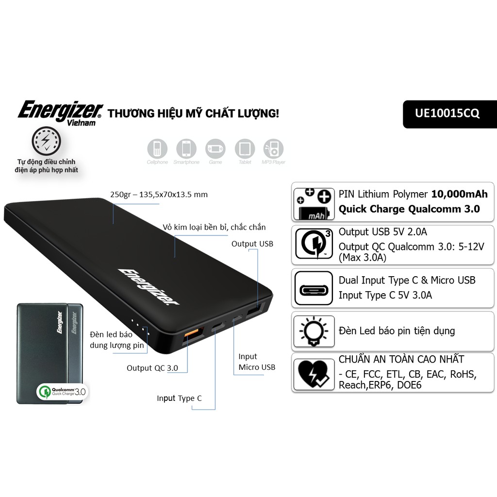 Pin sạc dự phòng Energizer 10,000mAh Quick Charge 3.0 UE10015CQ - Hàng Chính Hãng, Bảo