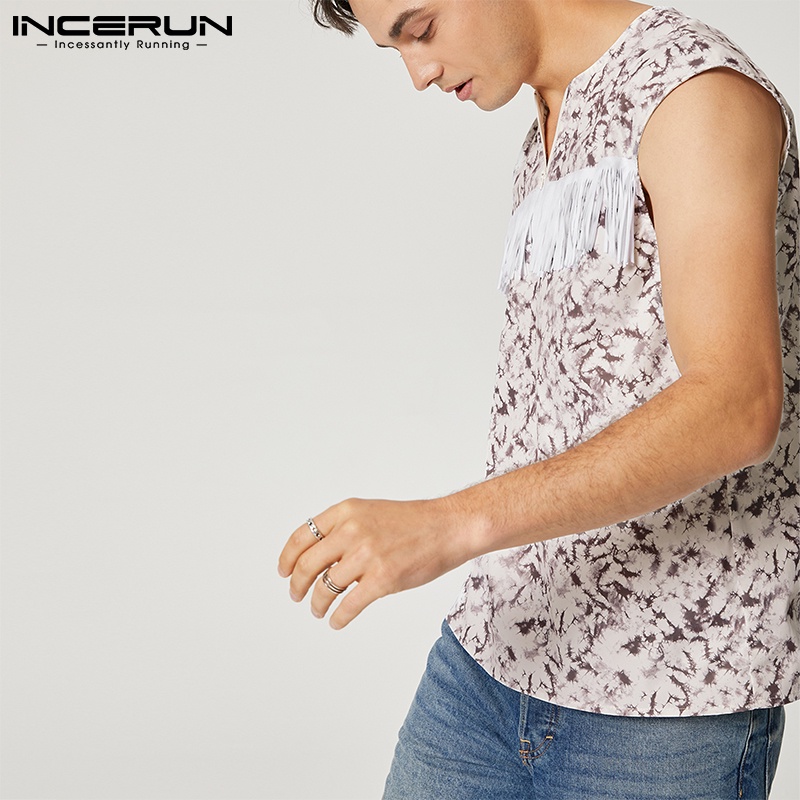 INCERUN Áo Ba Lỗ Khóa Kéo In Hoa Phối Tua Rua Phong Cách Vintage Cho Nam