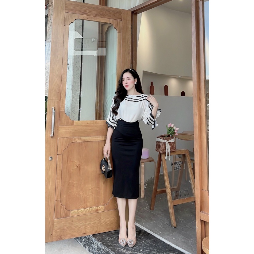SET Áo lụa cổ thuyền tay xẻ kết hợp chân váy bút chì đính nút ngọc chất liệu umi co giãn