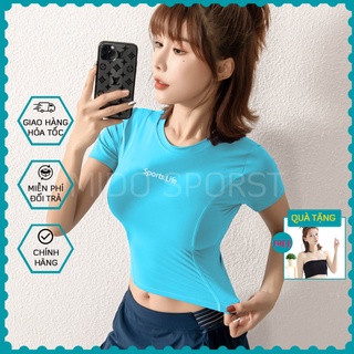 Áo thể thao nữ Louro A75, mẫu áo tập gym cộc tay ôm body tôn dáng hiệu quả, chất liệu cao cấp thoáng mát