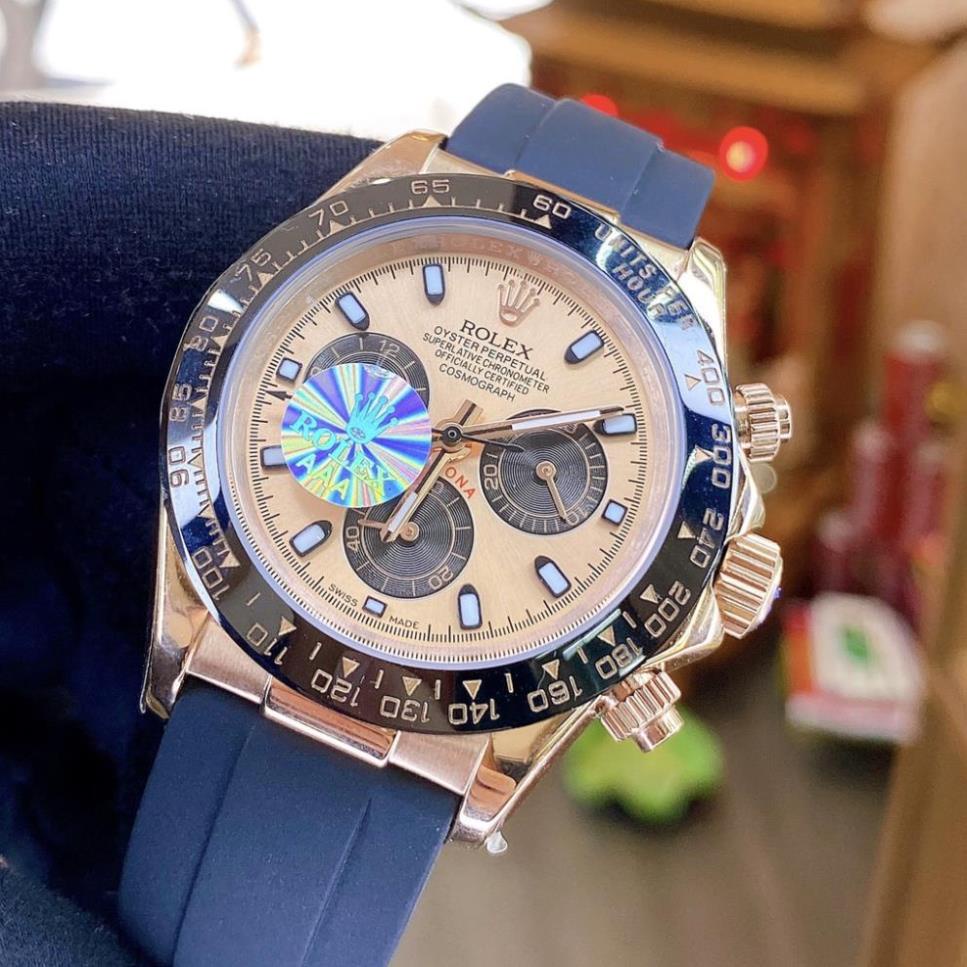 Đồng hồ Nam Rolex máy nhật-Đồng hồ cơ Automatic Rolex 3 nút mặt vàng hồng dây cao su size 40-42 mm