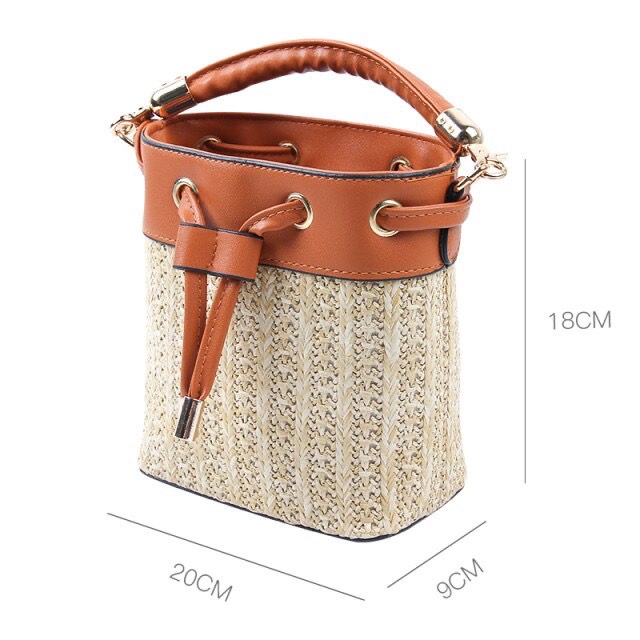 Túi cói Bucket phối da - quai xách và dây rút da Pu