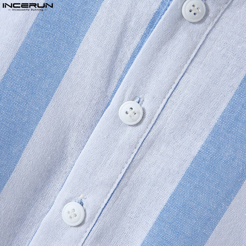 Áo sơ mi INCERUN ngắn tay họa tiết kẻ sọc đính nút 3 màu tùy chọn thời trang cho nam