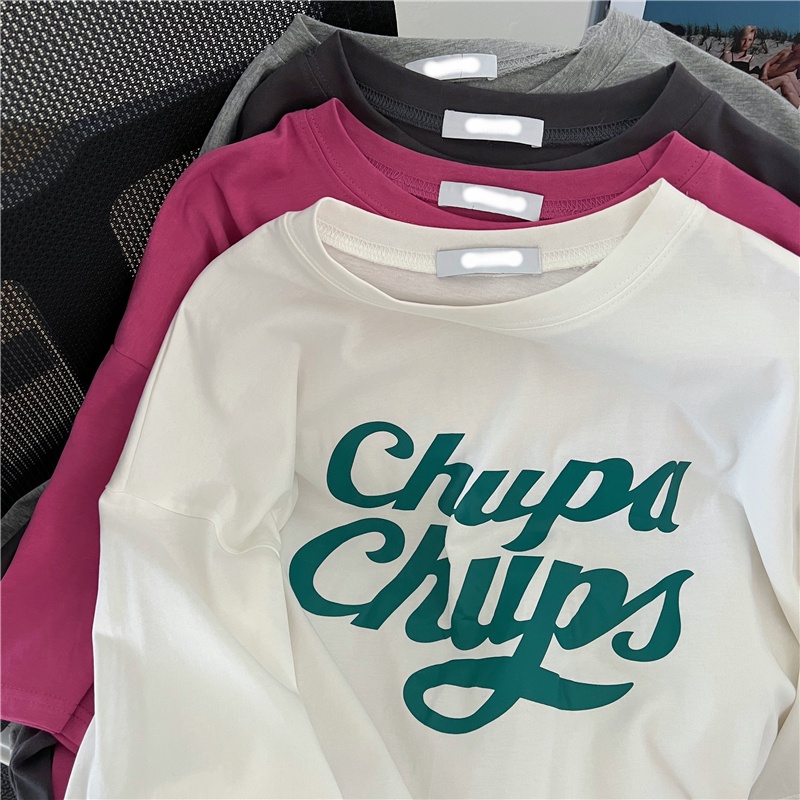 Áo Thun Nữ Ngắn Tay Cổ Tròn In Chữ Phong Cách Hàn Quốc Mới