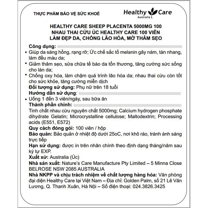 Combo 2 hộp viên uống Healthy Care Sheep Placenta nhau thai cừu làm đẹp da, chống lão hóa, mờ thâm sẹo (100 viên)