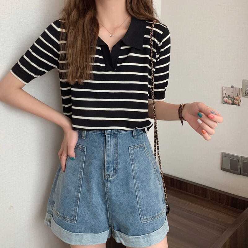 Áo Len Nữ Ngắn Tay Cổ Chữ v Kẻ Sọc Ngang Thời Trang Hàn Mới