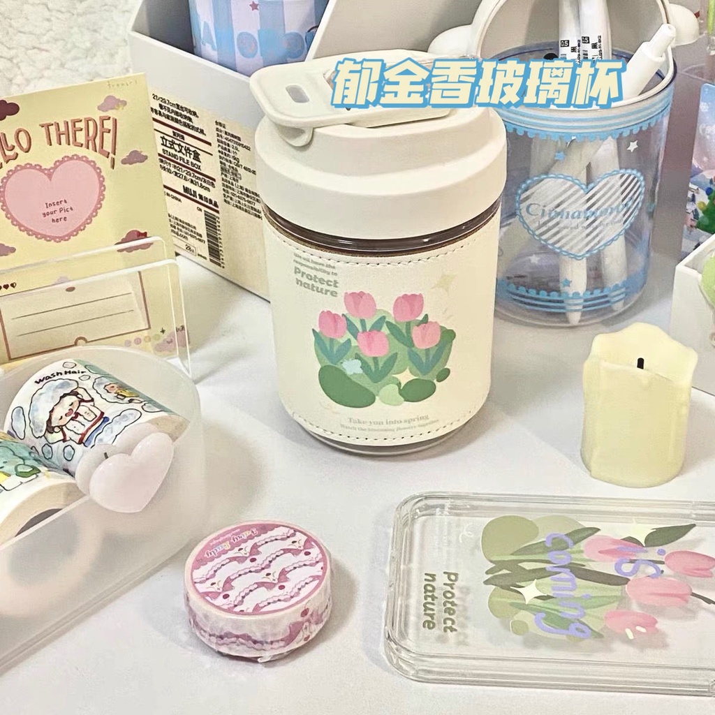 Giá Đỡ Bình Nước Di Động Họa Tiết Hoa Tulip Kèm Ống Hút Tiện Dụng