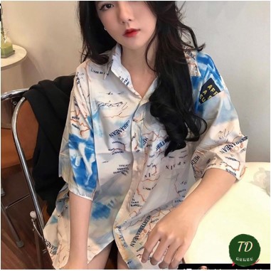 (TUON98745 FREESHIP 20K) Áo sơ mi ngắn tay lỡ hàn quốc unisex họa tiết loang map chất lụa hot trend mùa hè đi biển