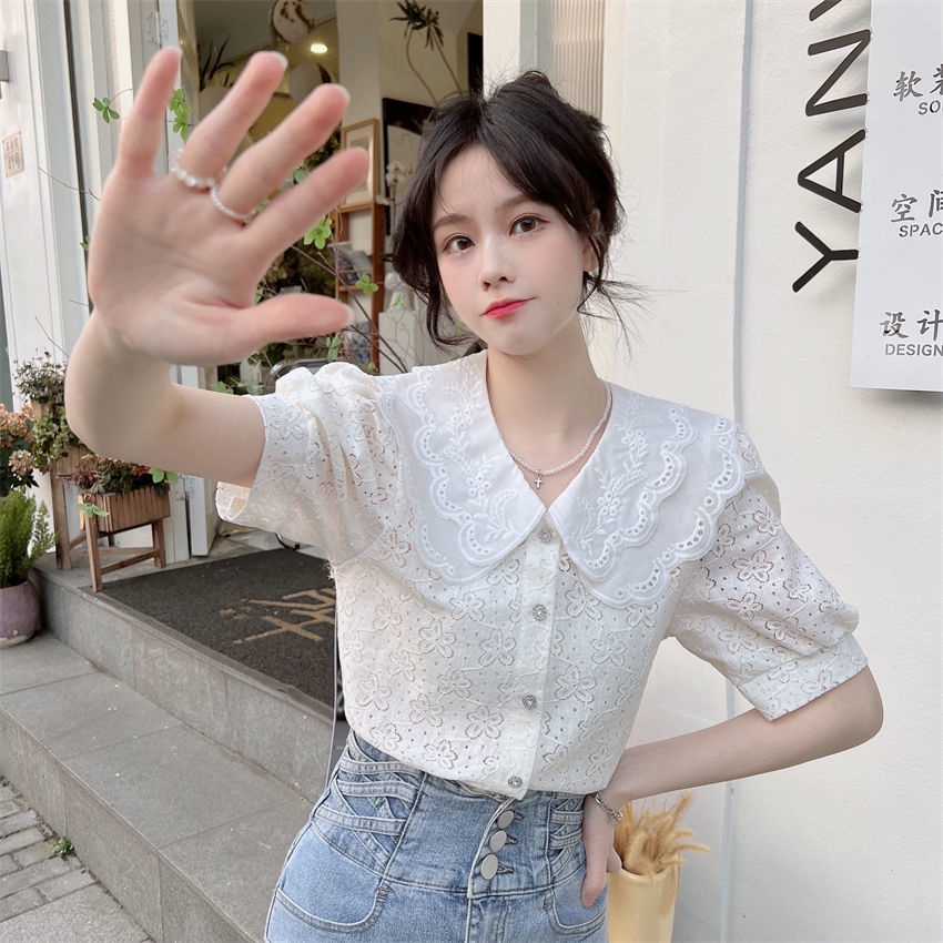 Áo Sơ Mi Tay Ngắn Cổ Búp Bê Phối Ren Thời Trang Mùa Hè Hàn Quốc Cho Nữ
