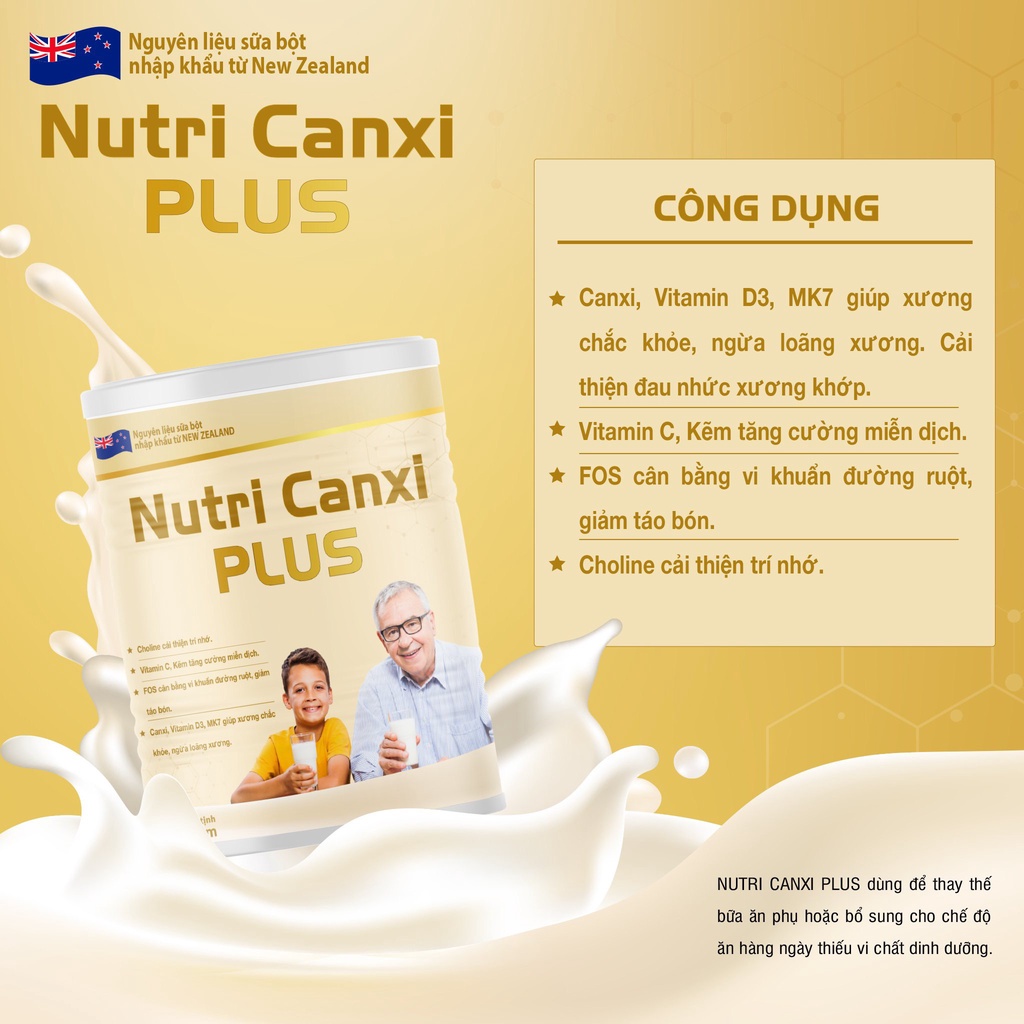 Sữa bột Nutri Canxi Plus 900g cấp canxi cho người thấp còi, gầy yếu, Chống loãng xương, thoái hóa xương khớp người gìa