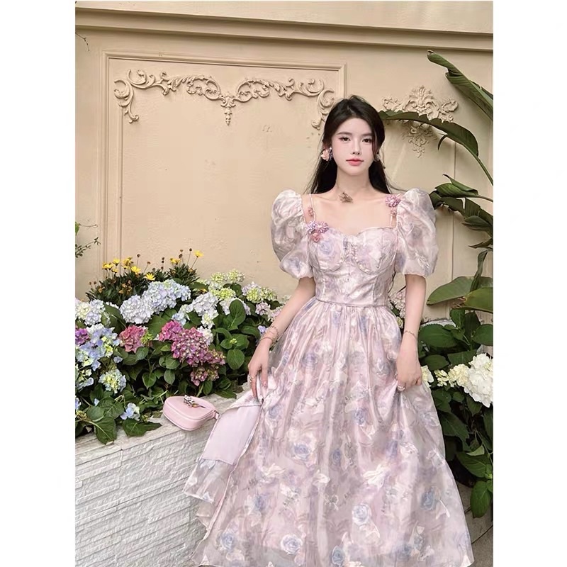 Đầm công chúa cổ tích trễ vai in hoa hồng xẻ đùi cao cấp đi biển du lịch/Váy nàng thơ retro chụp ảnh sống ảo