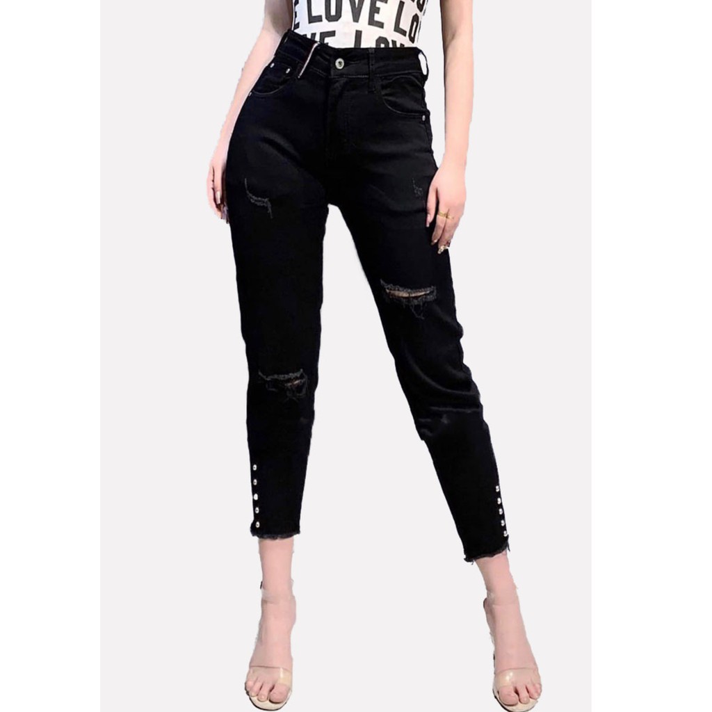 Quần jean dài BIGSIZE 9 tấc màu đen tua lai tuyền đính cườm 2 ống quần Molijean 2725