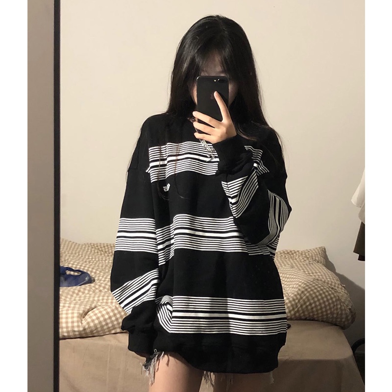 SUXI Áo sweater cổ tròn kẻ sọc thiết kế sành điệu thời trang mùa thu phong cách Hàn Quốc cho nữ