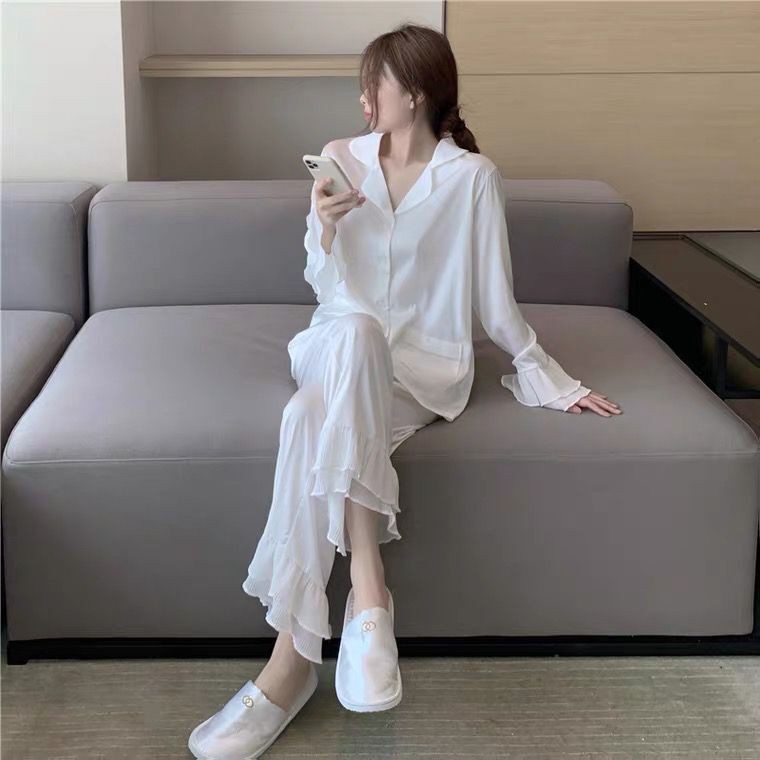 ❤️【Hàng Sẵn Sàng】❤️Bộ Đồ Ngủ Pijama Tay Dài Màu Trắng Phong Cách Công Chúa Hàn Quốc Thời Trang Xuân Thu Xinh Xắn Cho Nữ