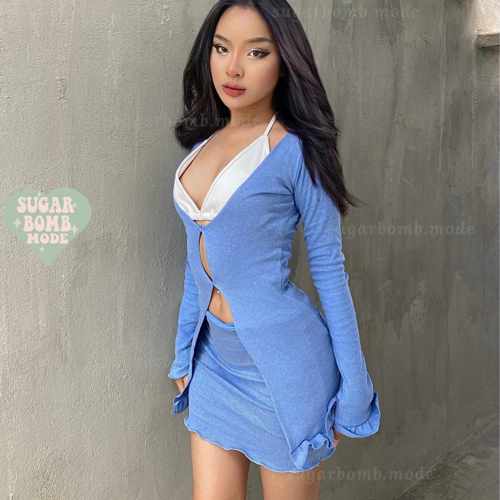 Áo Croptop Tay Dài Thiết Kế Chân Váy Ôm Body Áo Ngực Sexy sugarbomb.mode Chất Vải Co Giãn Đi Biển +